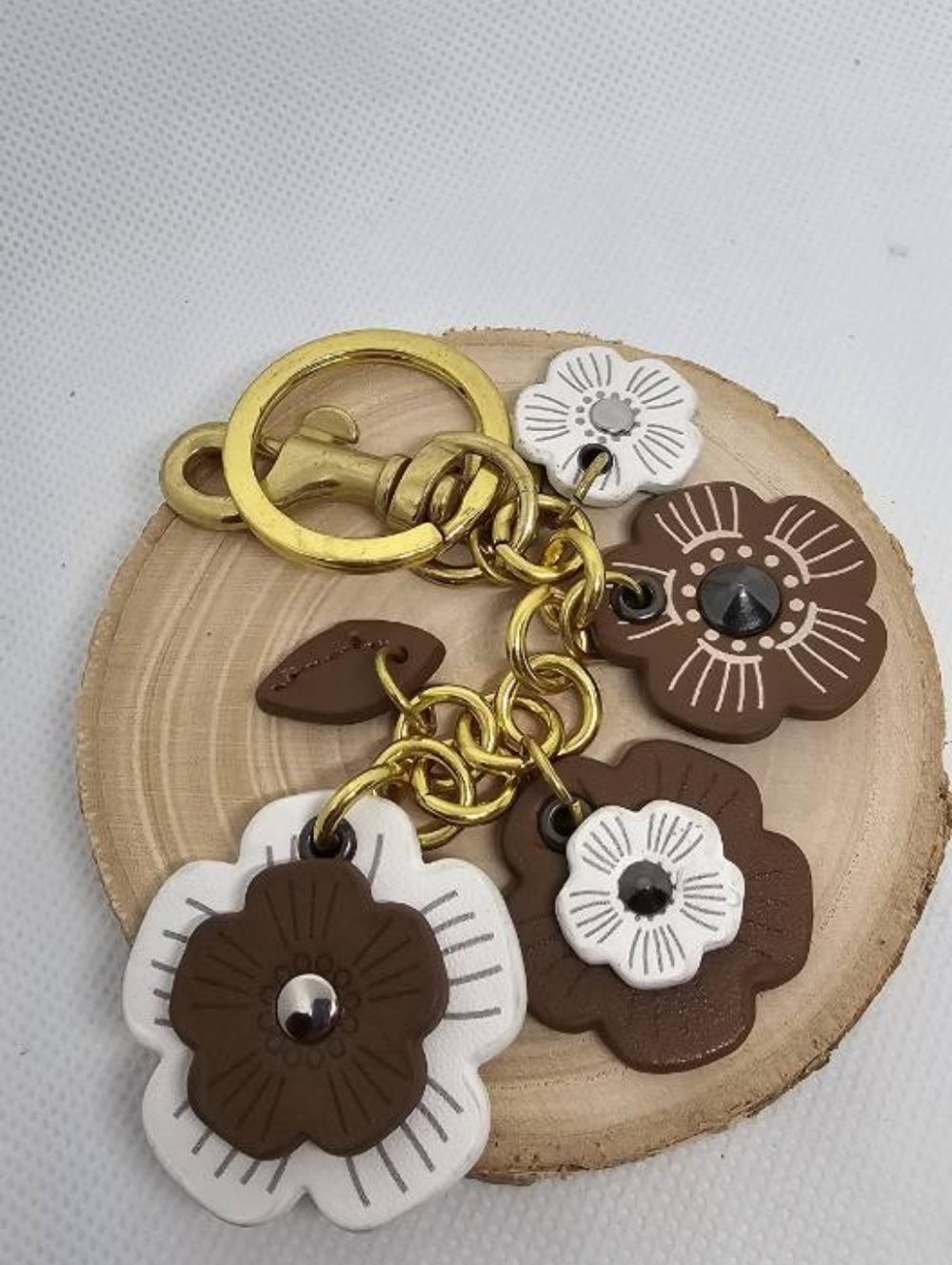 Camelia Leather Brown & White Floral Keychain/ Bag Charm NEW